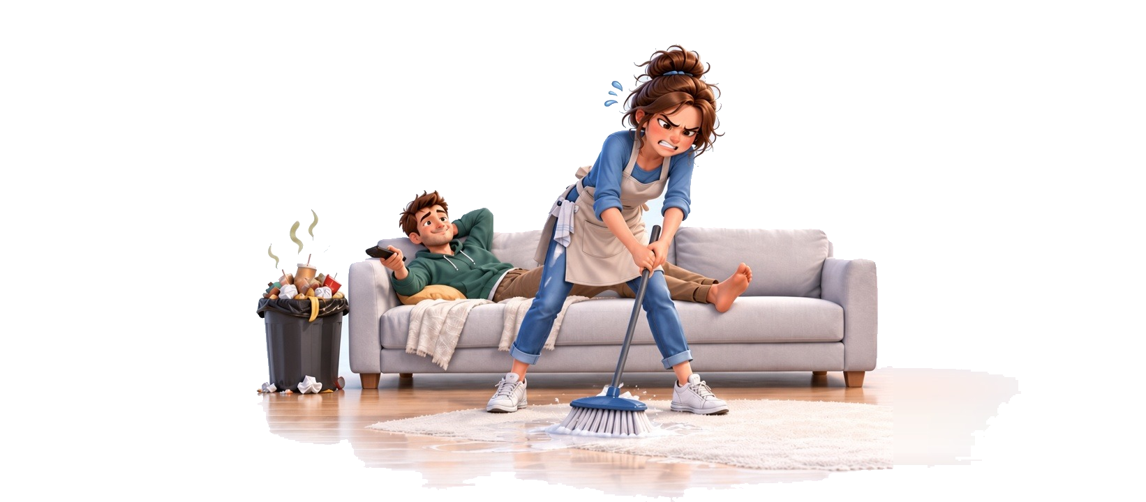 A tired woman leans on a broom while someone rests on the sofa.